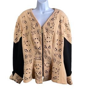 G.M.I Woman Full Zip Brown Black Eyelet Long‎ Sleeve Maximalist Flowy Size 16W